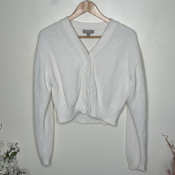 J. CREW Cotton Cashmere Cropped V-Neck Cardigan Sweater White Sz M {II45} - Picture 2 of 4